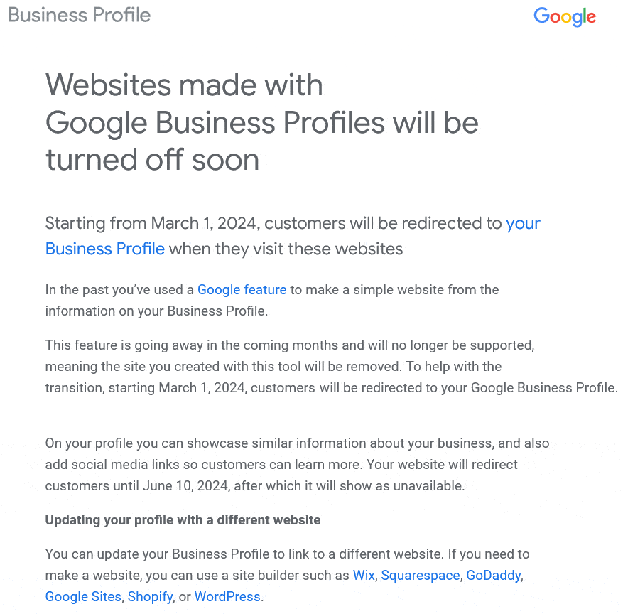 Google Business Profile Websites Shutting Down